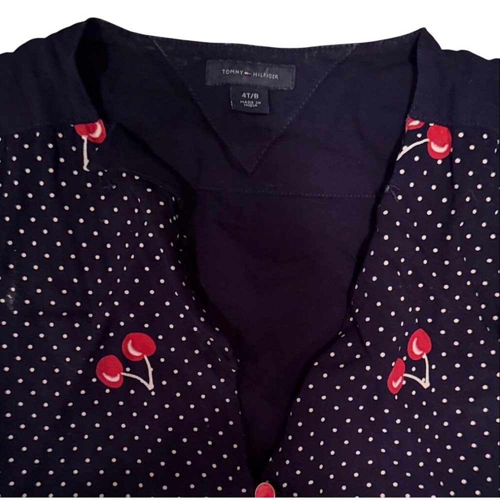 Tommy Hilfiger Girls Navy Blue Polka Dot Cherry Print Sleeveless Dress 4T/8 - Picture 2 of 2